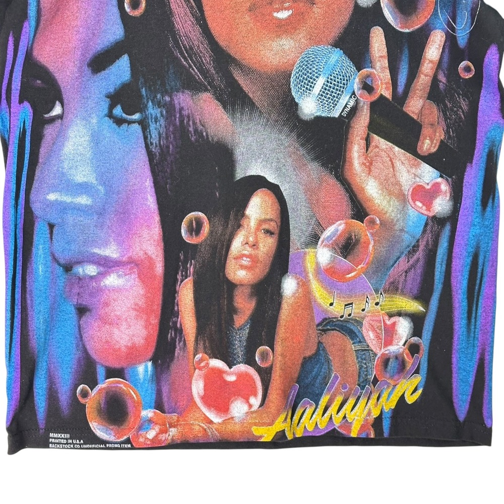 Authentic Backstock Co. Aaliyah "Hot Like Fire" All Over Print 90s R&B Shirt Med - Picture 6 of 13